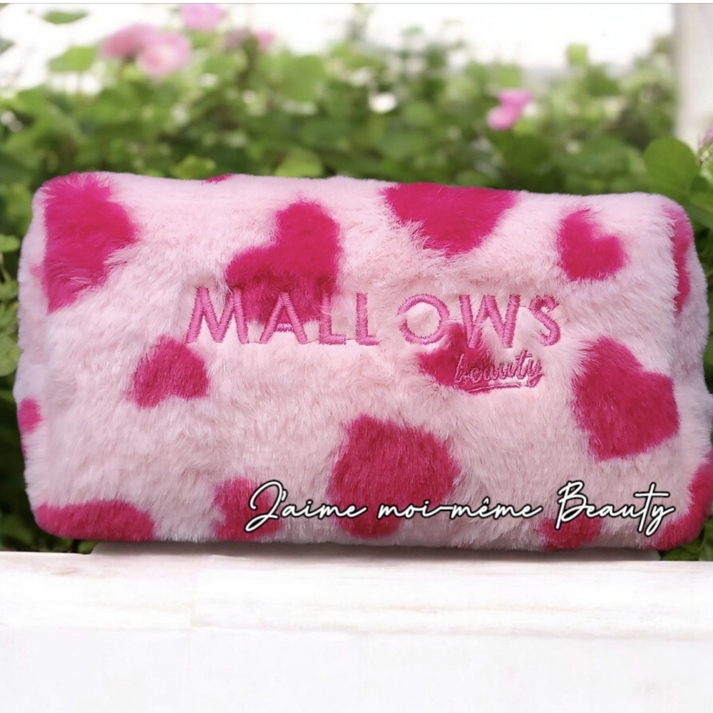 SUPER SQUISHY FAUX FUR HOT PINK HEART PRINT MAKEUP BAG BY MALLOW BEAUTY
